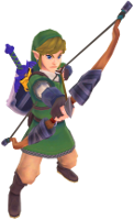 Link zielt mit dem Holzbogen.